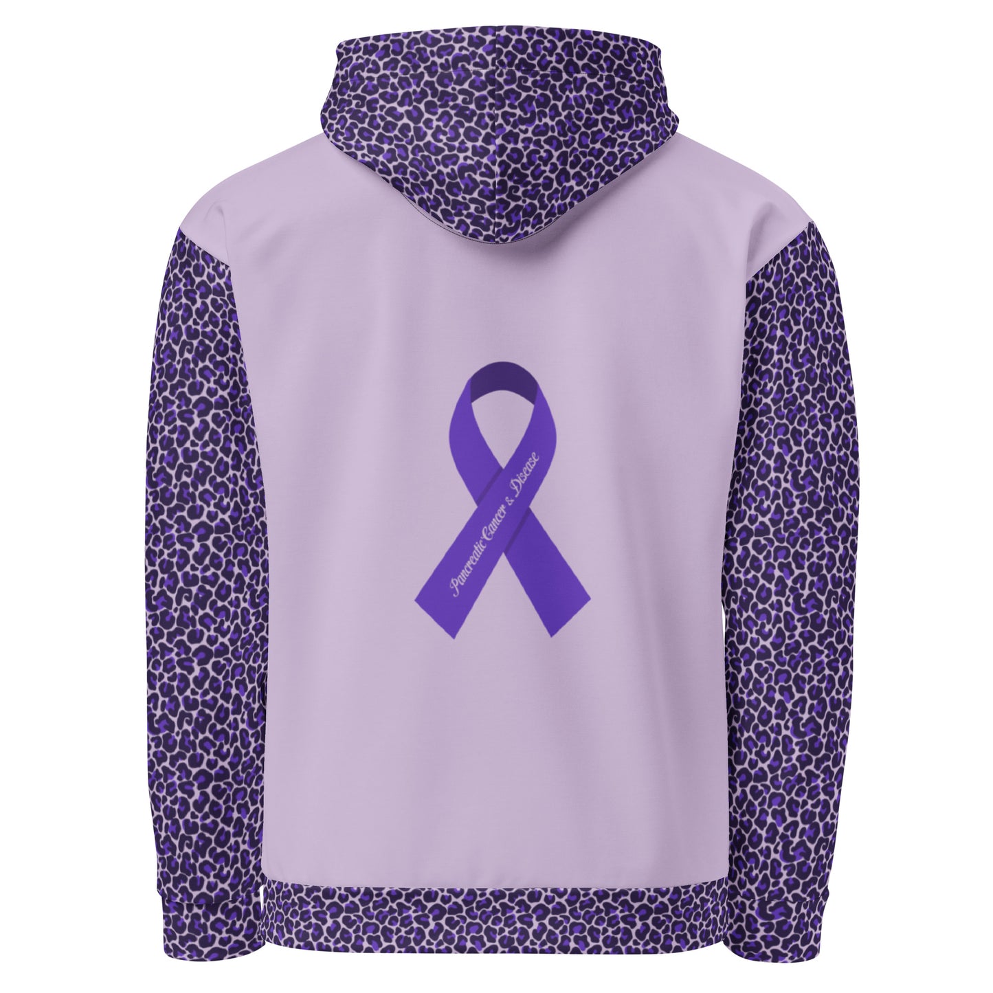 The back view of my purple leopard spots hoodie. The design is meant for those who have (or have had) pancreatic cancer, pancreas disease such as chronic pancreatitis, and for those who have had to undergo the Whipple Surgery. There is a purple ribbon printed on the back that says "Pancreatic Cancer and Disease". The leopard spots are printed on the hood, both sleeves, and across the bottom fold.