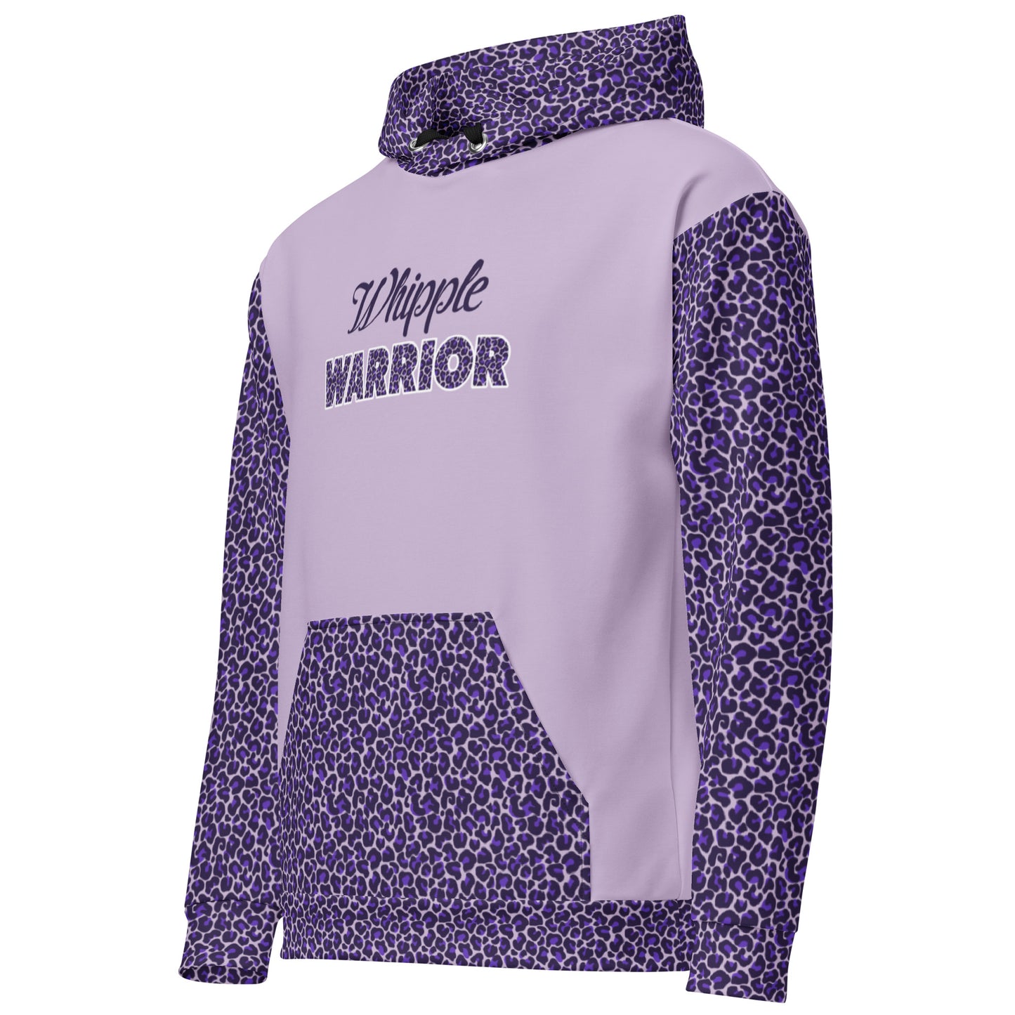 Side view of my Whipple Warrior hoodie design for women. The leopard spots are printed on the hood, both sleeves, and the bottom. The word "warrior" is also done in leopard spots. The back features a purple ribbon that says "Pancreatic Cancer and Disease". Comfy and stylish long sleeve hooded sweatshirt available in plus sizes. 2XS-6XL.