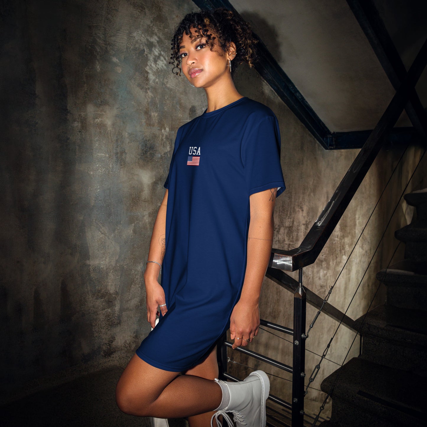 USA Dark Blue T-Shirt Dress for Women - Ladies Navy Blue 4th of July Casual Oversized Tee Dress - Plus Sizes