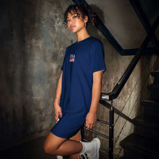 USA Dark Blue T-Shirt Dress for Women - Ladies Navy Blue 4th of July Casual Oversized Tee Dress - Plus Sizes