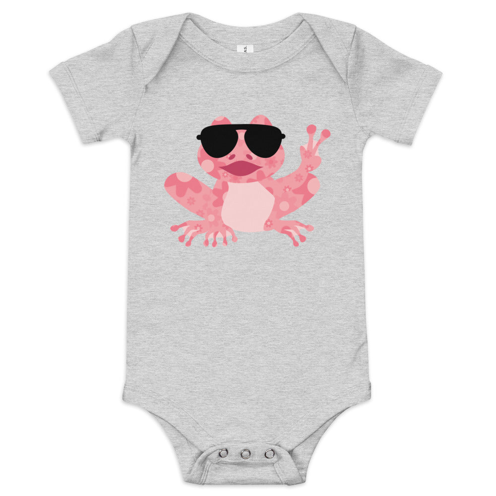 Baby Girl's Short Sleeve One-Piece Bodysuit - Hippie Peace Frog Design, pictures an infant bodysuit design for baby girl, cute frog wearing big black sunglasses and showing the peace sign, frog has floral pattern on his body and face, comes in 4 colors, shown is a pink frog on a grey bodysuit