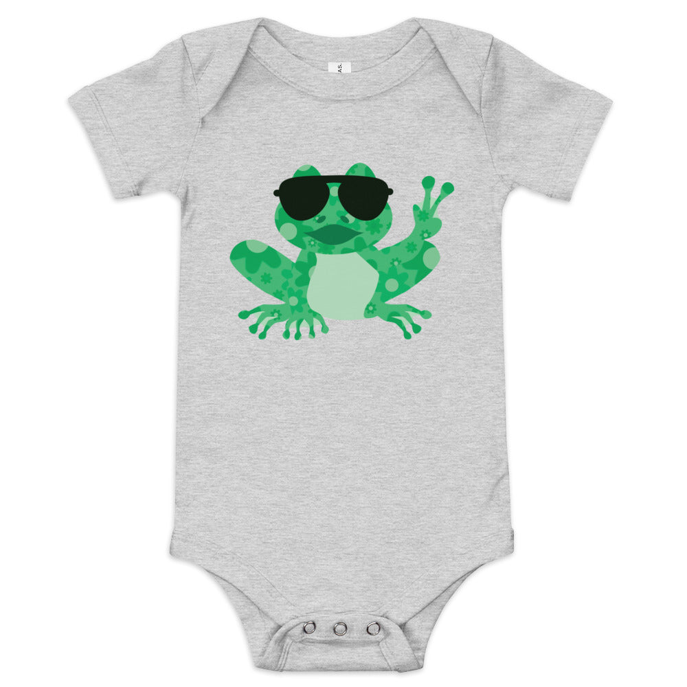 Baby Boy's Short Sleeve One-Piece Bodysuit - Hippie Peace Frog Design, pictures an infant bodysuit design for baby boy, cute frog wearing big black sunglasses and showing the peace sign, frog has floral pattern on his body and face, comes in 3 colors, shown is a green frog on a grey bodysuit