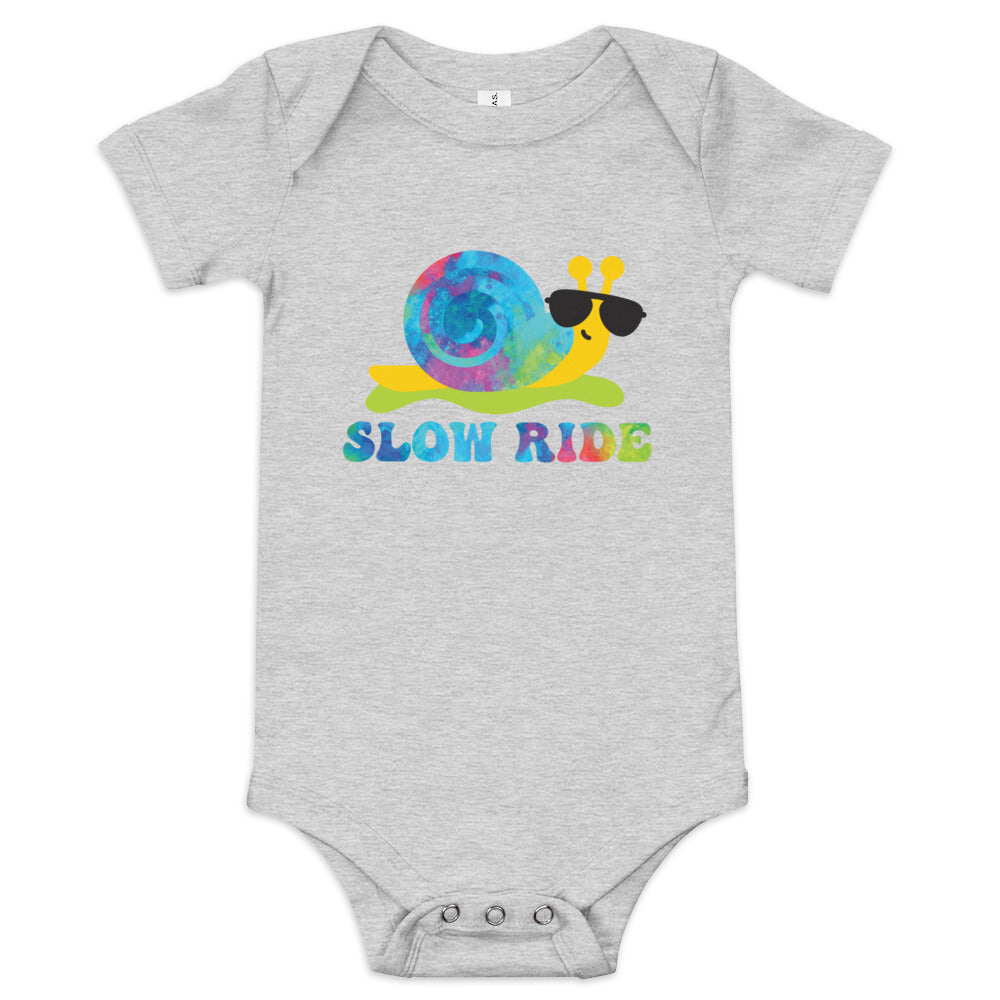 Slow Ride Snail, Hippie Tie Dyed Design, 5 Colors Available, Baby Short Sleeve One Piece Bodysuit for Baby Boys and Girls