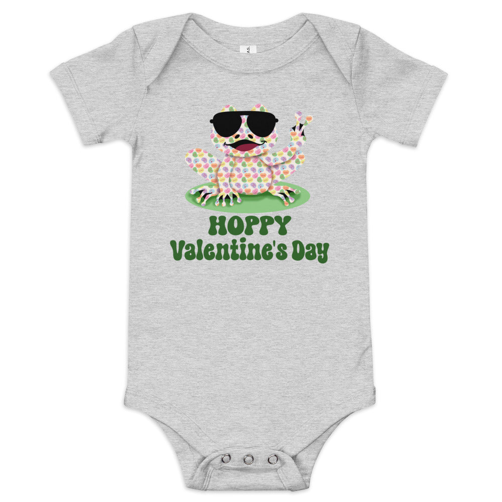 Hoppy Valentine's Day Humorous Baby Short Sleeve One Piece Bodysuit - Candy Hearts Rockin' Peace Frog Design - Funny Snapsuit for Infant & Toddler Girls and Boys