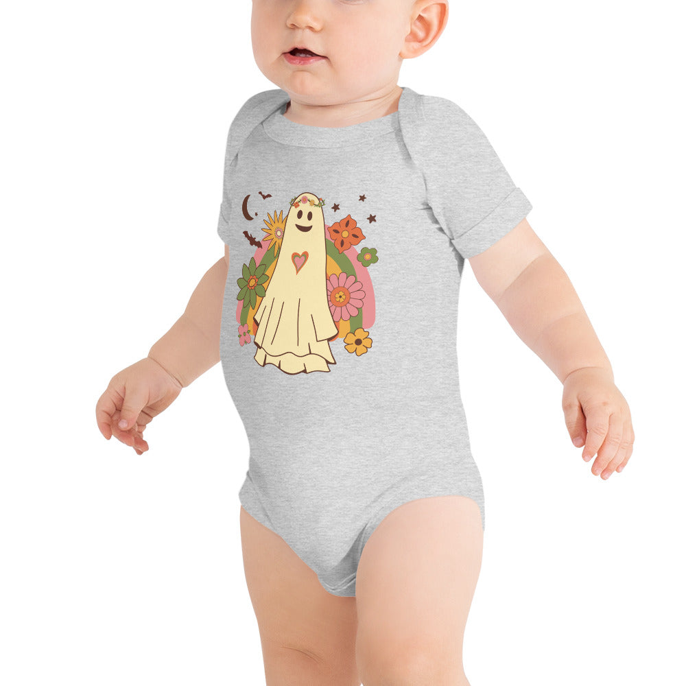 Halloween Baby Girls Short Sleeve One Piece Bodysuit - Cute Hippie Girl Ghost w/ Rainbow, Flowers and Bats Design