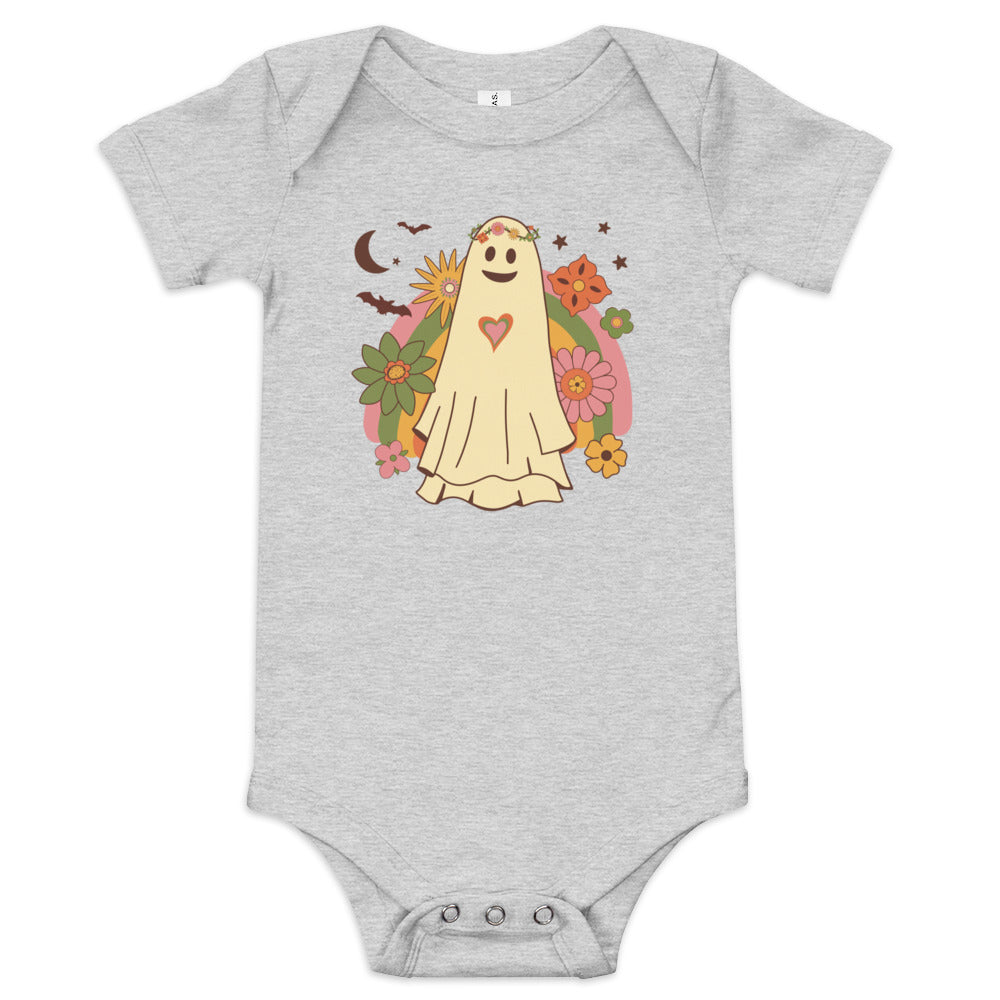 Halloween Baby Girls Short Sleeve One Piece Bodysuit - Cute Hippie Girl Ghost w/ Rainbow, Flowers and Bats Design