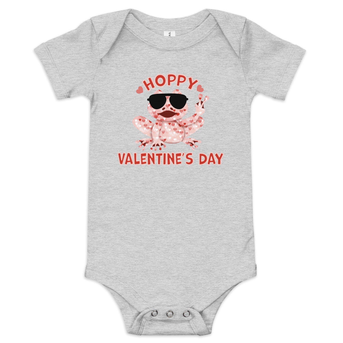 Baby Girls Hoppy Valentine's Day One Piece Bodysuit  - Cute Humorous Funny Infant Short Sleeve Clothing - Red and Pink Hearts Peace Frog Graphic Design for Children