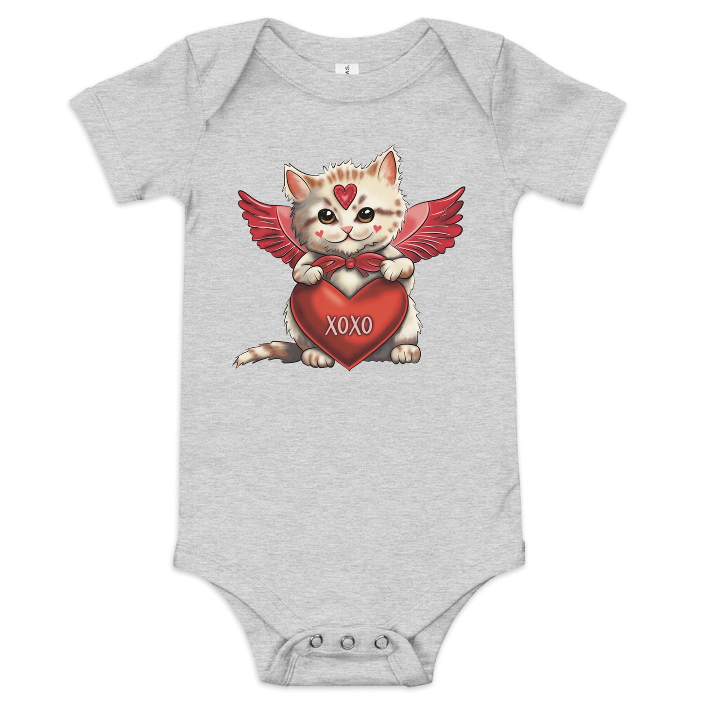 Pictured is a grey one piece bodysuit with short sleeves and 3 snaps for baby girls to wear for Valentine's Day. The cute graphic design       is an adorable kitten dressed up as Cupid and holding a red heart that says "xoxo". This infant clothing for girls comes in 4 colors, pink,      grey, yellow, and white. Sizes available are 3-6 months, 6-12 months, and 12-18 months.