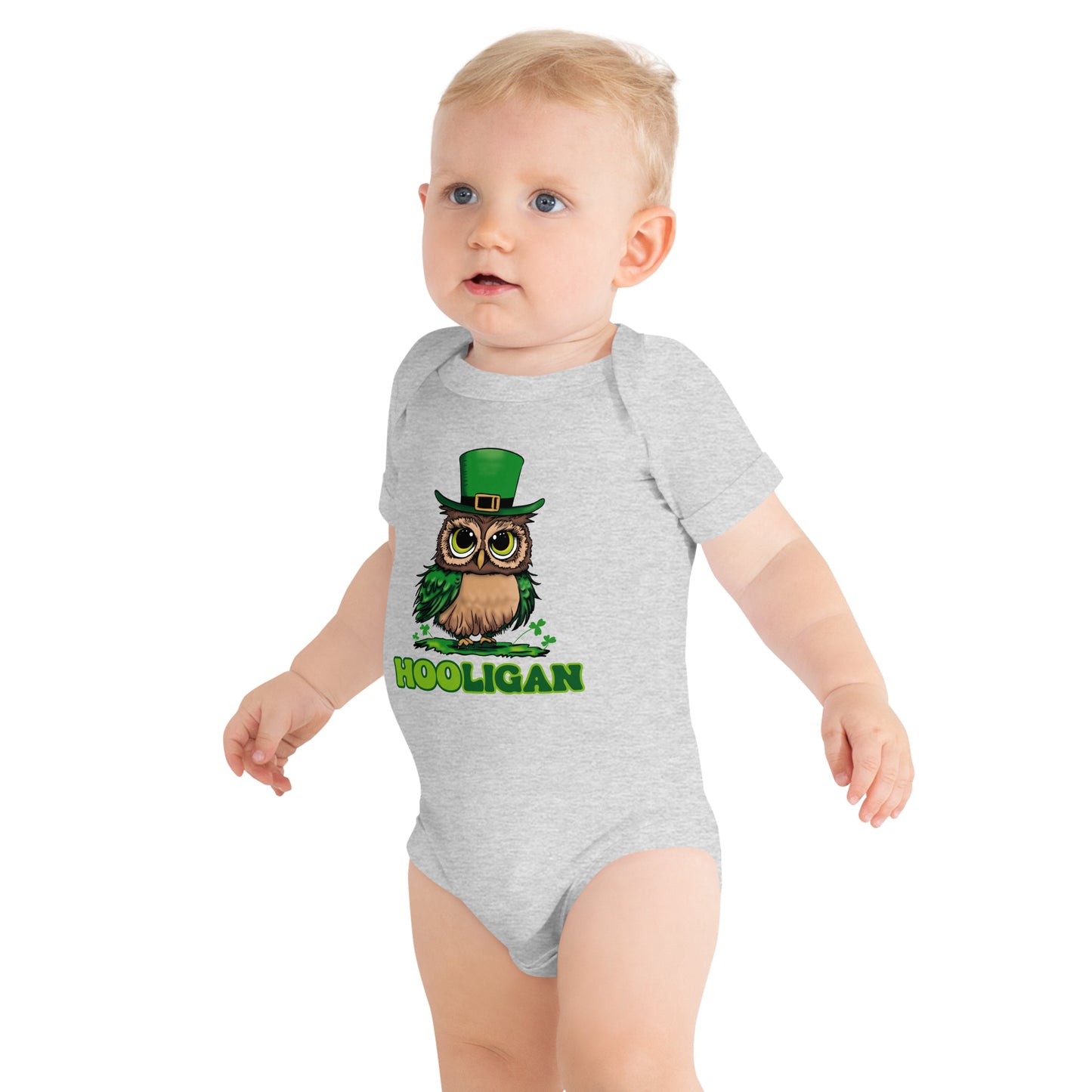 St. Patrick's Day Baby Bodysuit, Toddler Unisex Short Sleeve One Piece, Girls and Boys Funny Cute St. Patties Day Clothing, Owl Leprechaun Design