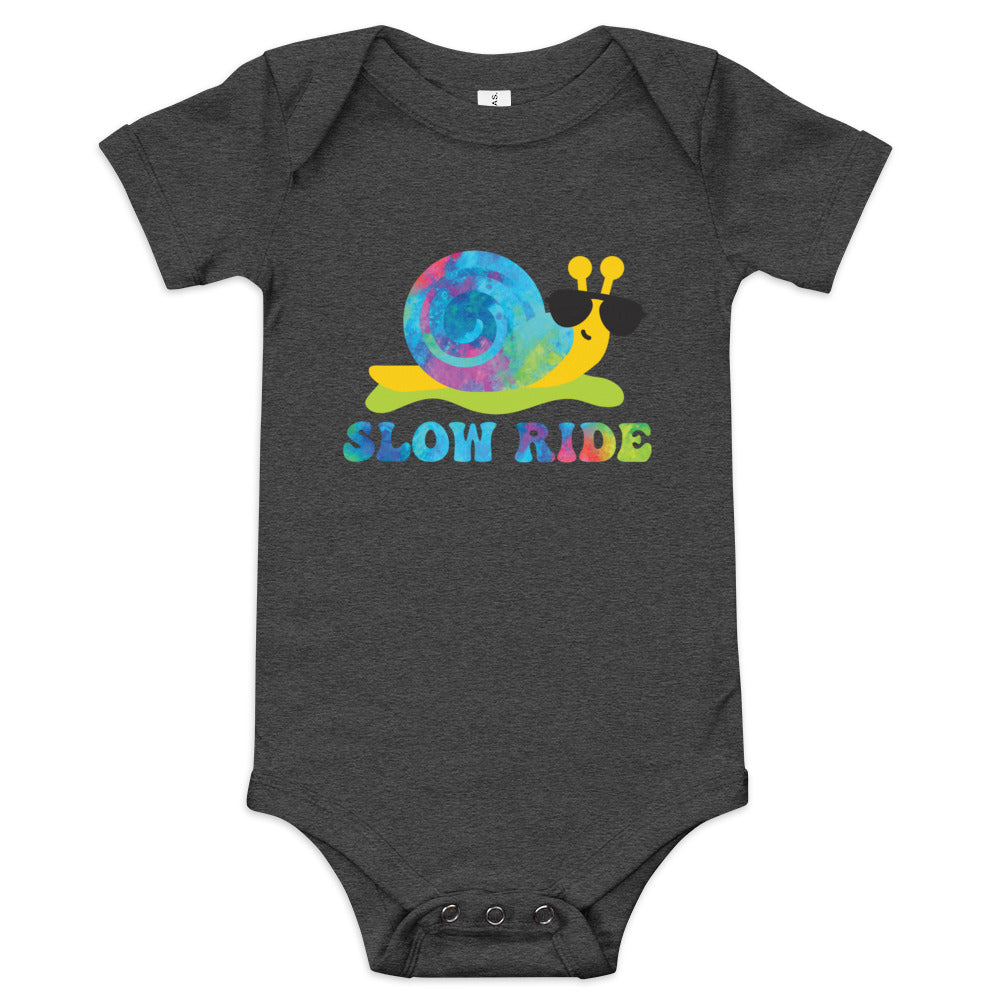 Slow Ride Snail, Hippie Tie Dyed Design, 5 Colors Available, Baby Short Sleeve One Piece Bodysuit for Baby Boys and Girls