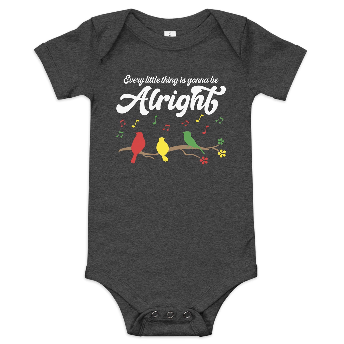 Baby Short Sleeve One Piece Bodysuit, Every Little Thing is Gonna Be Alright Design, 3 Birds Singing Unisex Baby Clothes, Retro Groovy 70s Hippie Infant Shirt