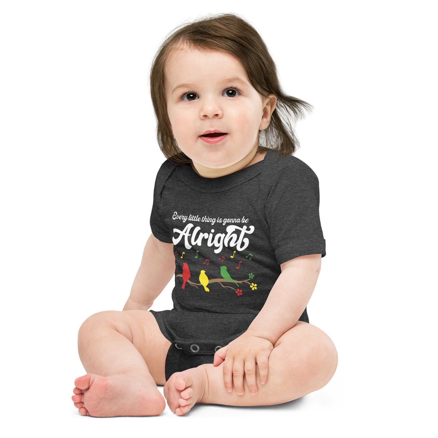 Baby Short Sleeve One Piece Bodysuit, Every Little Thing is Gonna Be Alright Design, 3 Birds Singing Unisex Baby Clothes, Retro Groovy 70s Hippie Infant Shirt