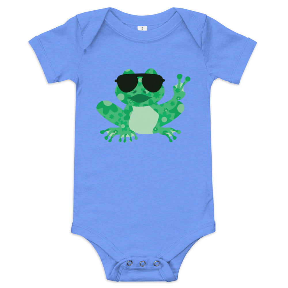 Baby Boy's Short Sleeve One-Piece Bodysuit - Hippie Peace Frog Design, pictures an infant bodysuit design for baby boy, cute frog wearing big black sunglasses and showing the peace sign, frog has floral pattern on his body and face, comes in 3 colors, shown is a green frog on a blue bodysuit