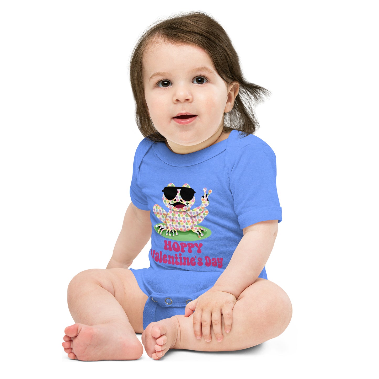 Hoppy Valentine's Day Humorous Baby Short Sleeve One Piece Bodysuit - Candy Hearts Rockin' Peace Frog Design - Funny Snapsuit for Infant & Toddler Girls and Boys