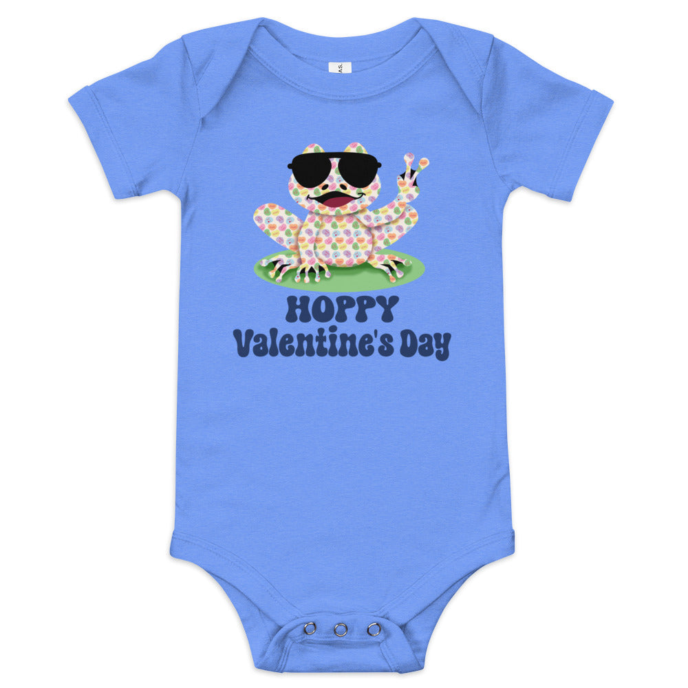 Hoppy Valentine's Day Humorous Baby Short Sleeve One Piece Bodysuit - Candy Hearts Rockin' Peace Frog Design - Funny Snapsuit for Infant & Toddler Girls and Boys