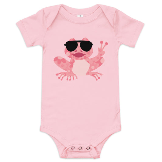 Baby Girl's Short Sleeve One-Piece Bodysuit - Hippie Peace Frog Design, pictures an infant bodysuit design for baby girl, cute frog wearing big black sunglasses and showing the peace sign, frog has floral pattern on his body and face, comes in 4 colors, shown is a pink frog on a pink bodysuit