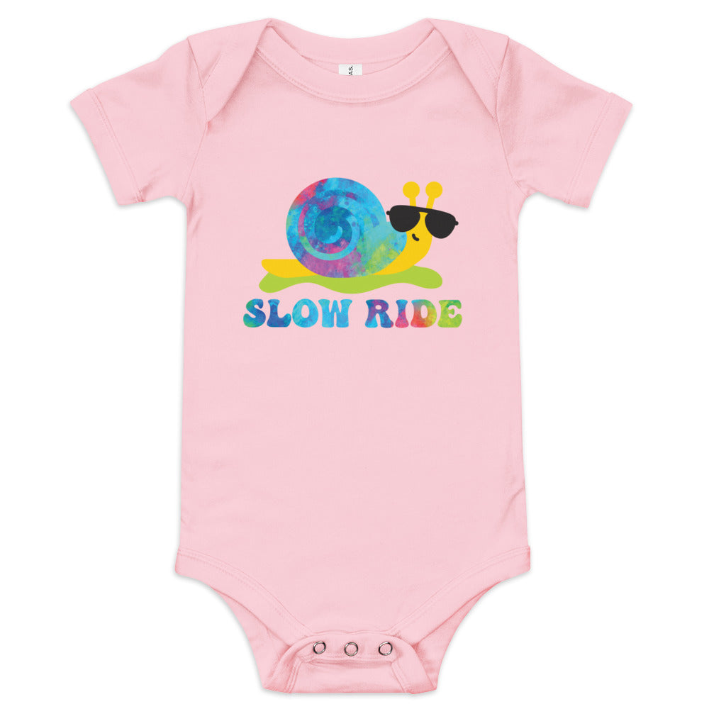 Slow Ride Snail, Hippie Tie Dyed Design, 5 Colors Available, Baby Short Sleeve One Piece Bodysuit for Baby Boys and Girls