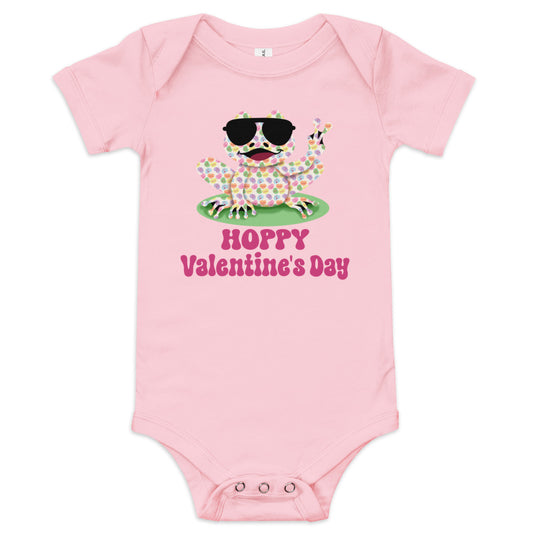 Hoppy Valentine's Day Humorous Baby Short Sleeve One Piece Bodysuit - Candy Hearts Rockin' Peace Frog Design - Funny Snapsuit for Infant & Toddler Girls and Boys