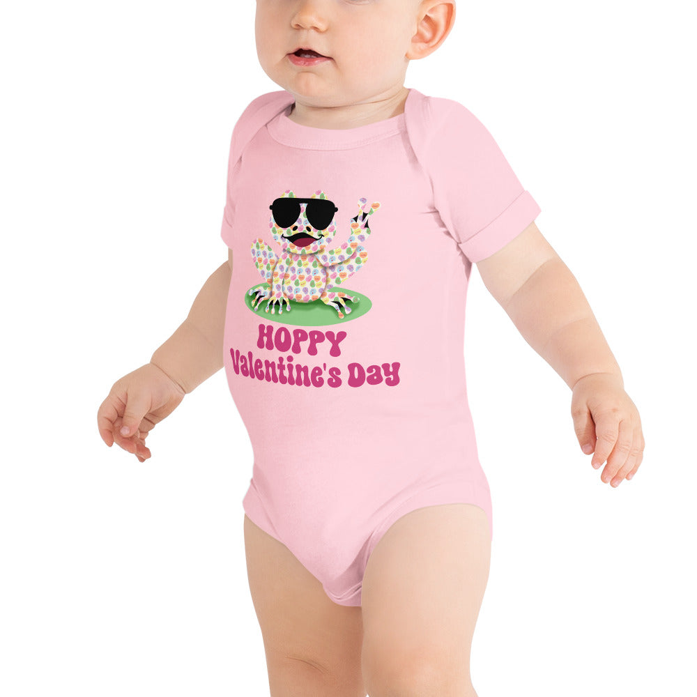 Hoppy Valentine's Day Humorous Baby Short Sleeve One Piece Bodysuit - Candy Hearts Rockin' Peace Frog Design - Funny Snapsuit for Infant & Toddler Girls and Boys