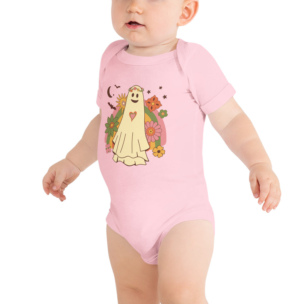 Halloween Baby Girls Short Sleeve One Piece Bodysuit - Cute Hippie Girl Ghost w/ Rainbow, Flowers and Bats Design