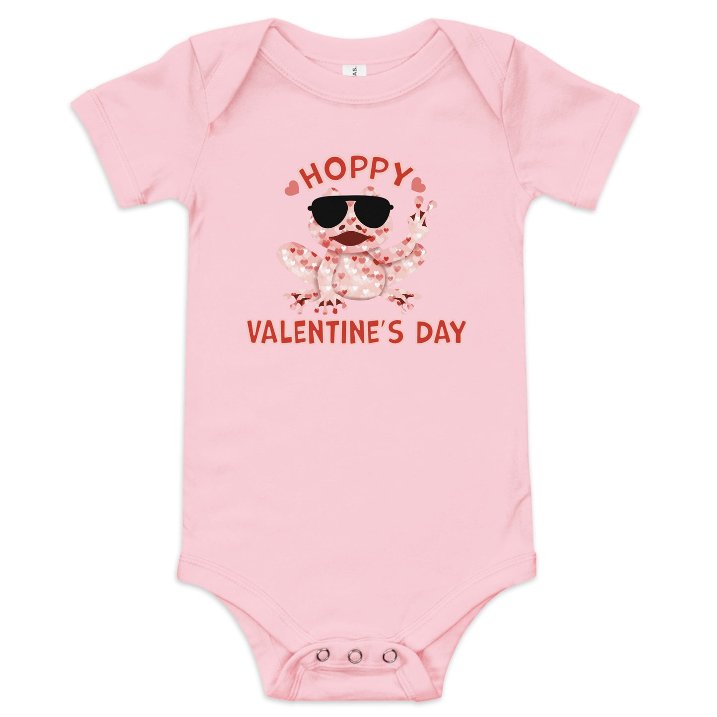 Baby Girls Hoppy Valentine's Day One Piece Bodysuit  - Cute Humorous Funny Infant Short Sleeve Clothing - Red and Pink Hearts Peace Frog Graphic Design for Children