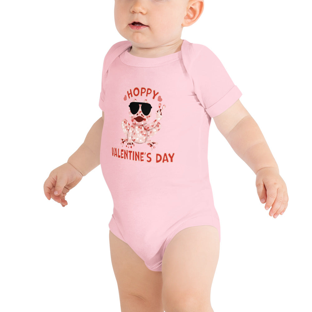 Baby Girls Hoppy Valentine's Day One Piece Bodysuit  - Cute Humorous Funny Infant Short Sleeve Clothing - Red and Pink Hearts Peace Frog Graphic Design for Children