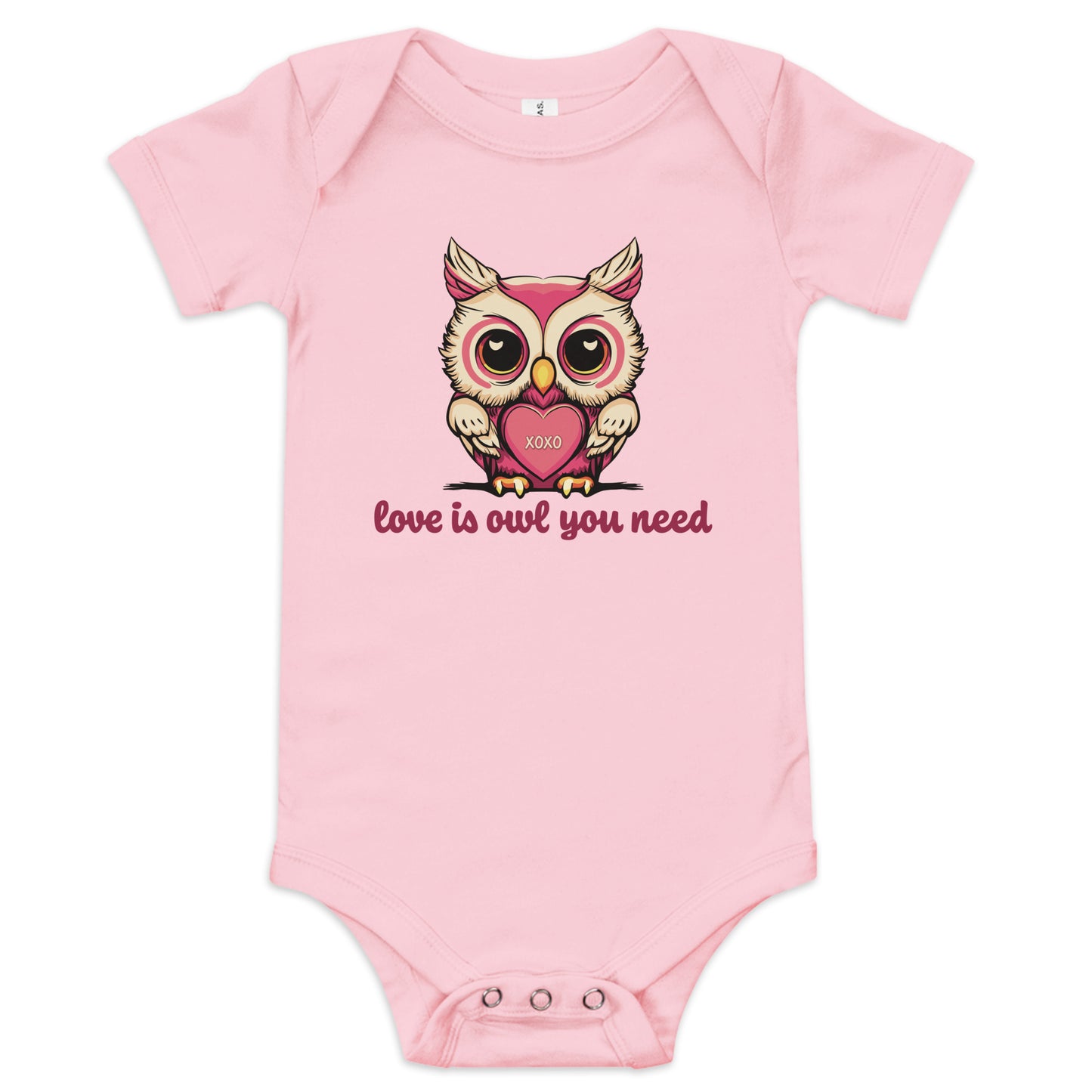 Pictured is a pink one piece bodysuit with short sleeves and 3 snaps for baby girls to wear for Valentine's Day. The cute graphic design       is a pink and beige colored owl holding a heart that says "xoxo". The words underneath the owl artwork say "love is owl you need". This       adorable infant clothing for girls comes in 4 colors, pink, grey, yellow, and white. Sizes available are 3-6 months, 6-12 months, and  12-18 months.