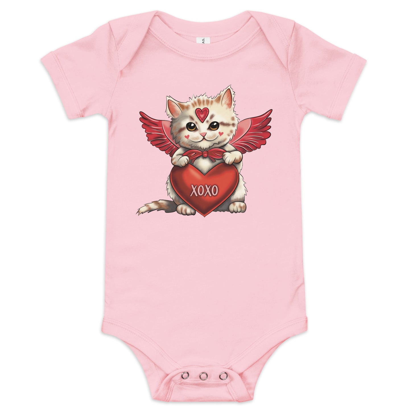 Pictured is a pink one piece bodysuit with short sleeves and 3 snaps for baby girls to wear for Valentine's Day. The cute graphic design       is an adorable kitten dressed up as Cupid and holding a red heart that says "xoxo". This infant clothing for girls comes in 4 colors, pink,      grey, yellow, and white. Sizes available are 3-6 months, 6-12 months, and 12-18 months.