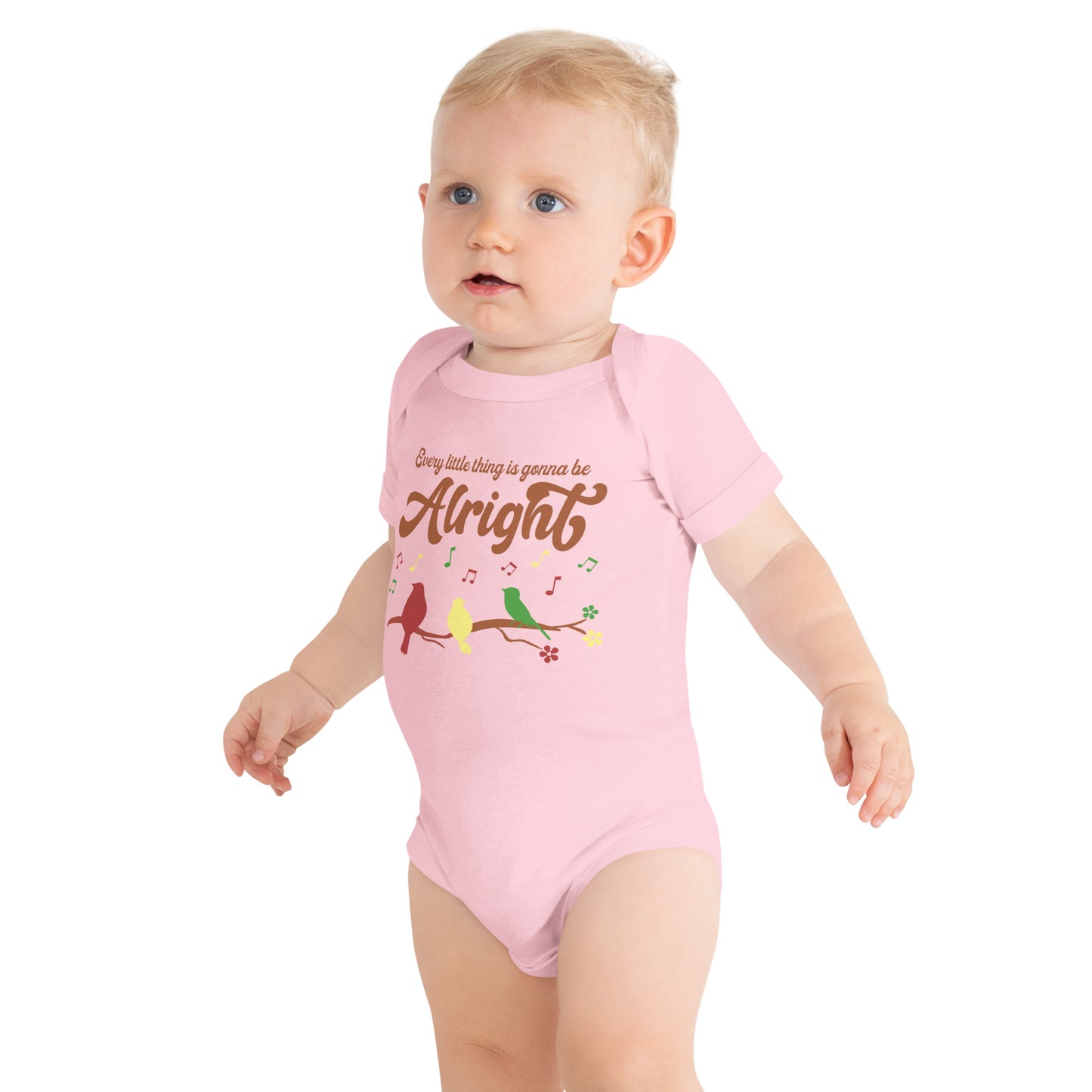 Baby Short Sleeve One Piece Bodysuit, Every Little Thing is Gonna Be Alright Design, 3 Birds Singing Unisex Baby Clothes, Retro Groovy 70s Hippie Infant Shirt