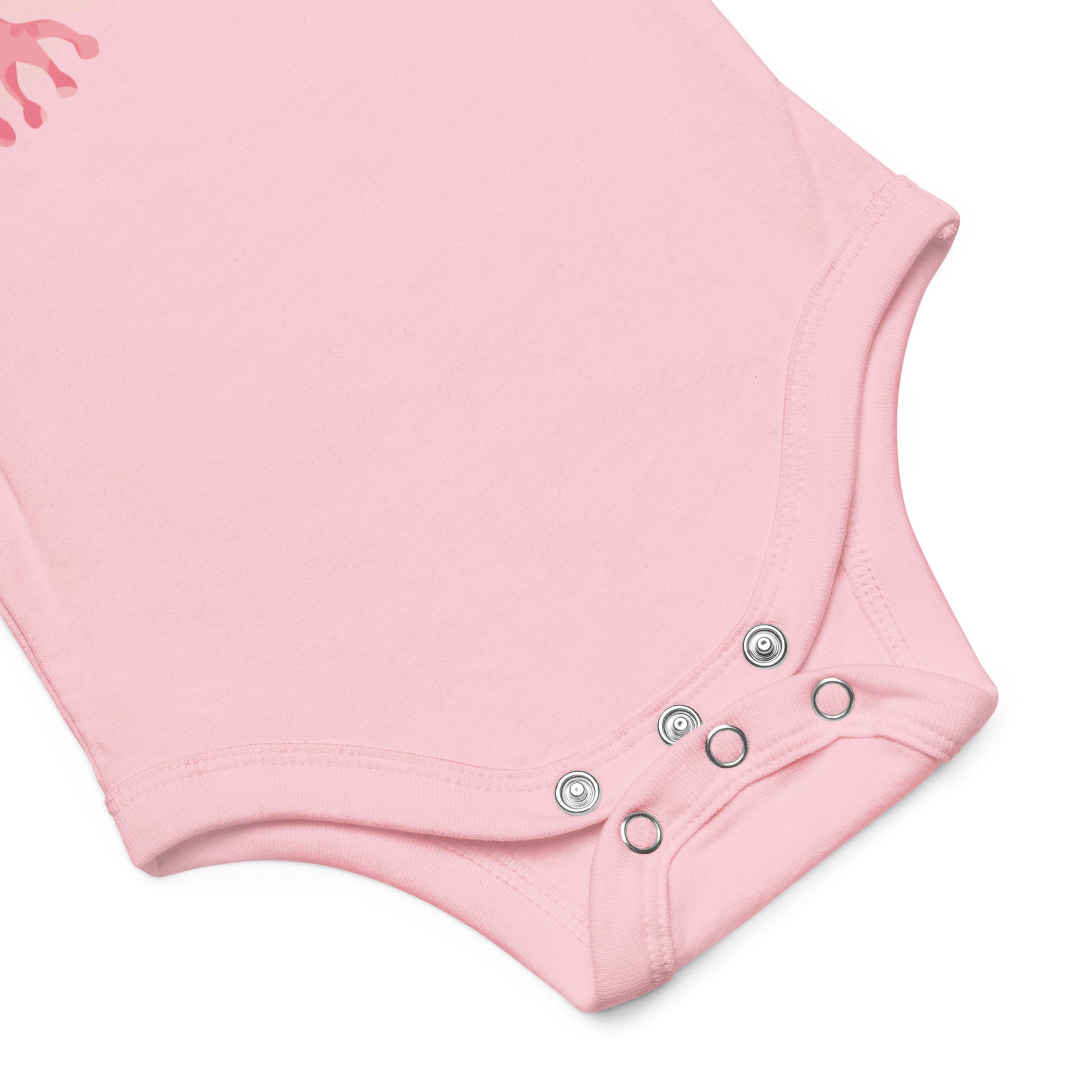 Close-up view of the snap enclosure for the baby girl's infant bodysuit with floral patterned frog wearing sunglasses and showing the piece sign design, shows 3 snap enclosure on a pink bodysuit