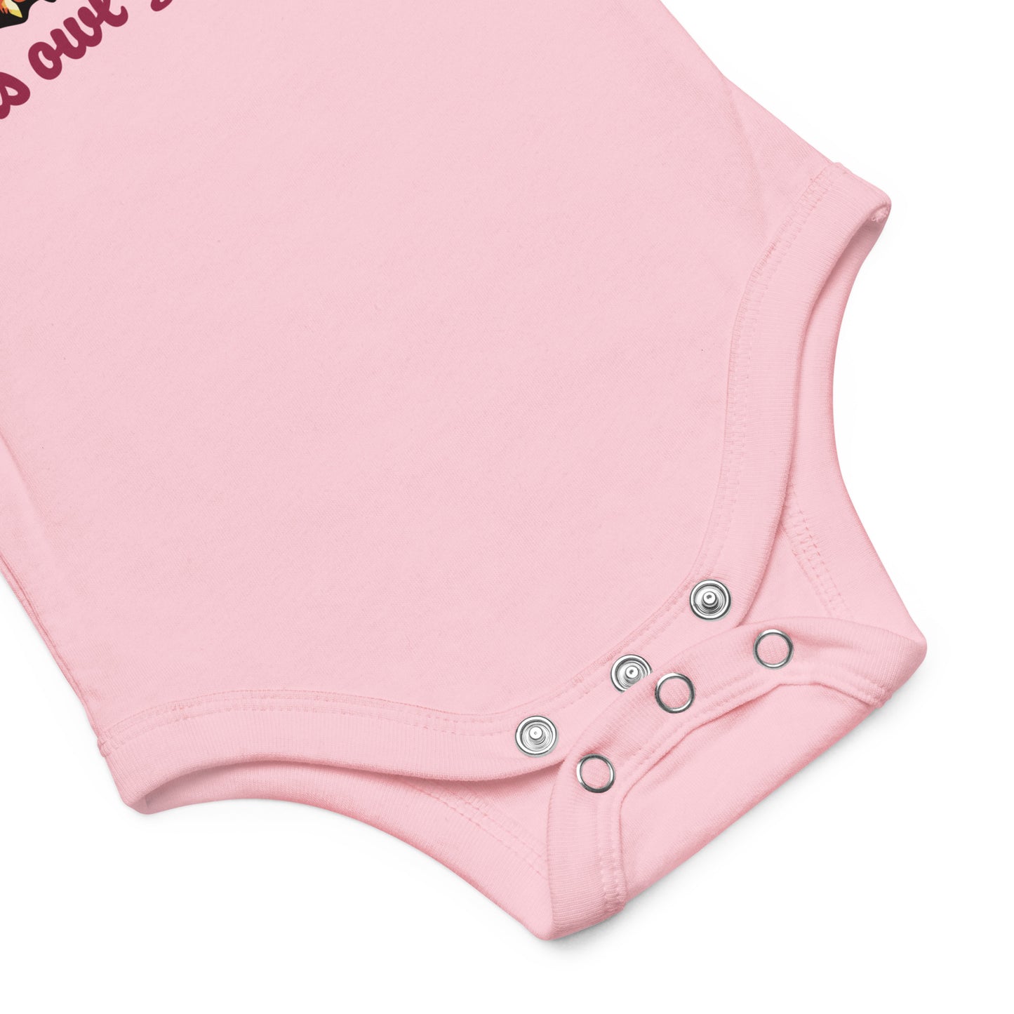 Pictured is a close up view of the 3 snaps of a pink, short sleeved, one piece bodysuit for baby girls to wear for Valentine's Day. The       cute graphic design for this baby clothing is a pink and beige colored owl holding a heart that says "xoxo". The words underneath the owl       artwork say "love is owl you need". This adorable snapsuit comes in 4 colors, pink, grey, yellow, and white. Sizes available are 3-6 months,  6-12 months, and 12-18 months.