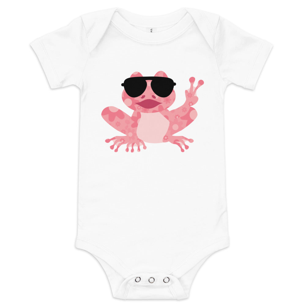 Baby Girl's Short Sleeve One-Piece Bodysuit - Hippie Peace Frog Design, pictures an infant bodysuit design for baby girl, cute frog wearing big black sunglasses and showing the peace sign, frog has floral pattern on his body and face, comes in 4 colors, shown is a pink frog on a white bodysuit