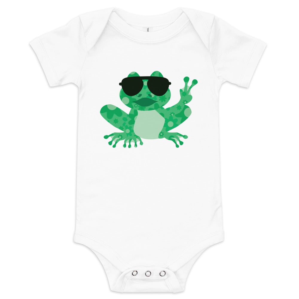 Baby Boy's Short Sleeve One-Piece Bodysuit - Hippie Peace Frog Design, pictures an infant bodysuit design for baby boy, cute frog wearing big black sunglasses and showing the peace sign, frog has floral pattern on his body and face, comes in 3 colors, shown is a green frog on a white bodysuit