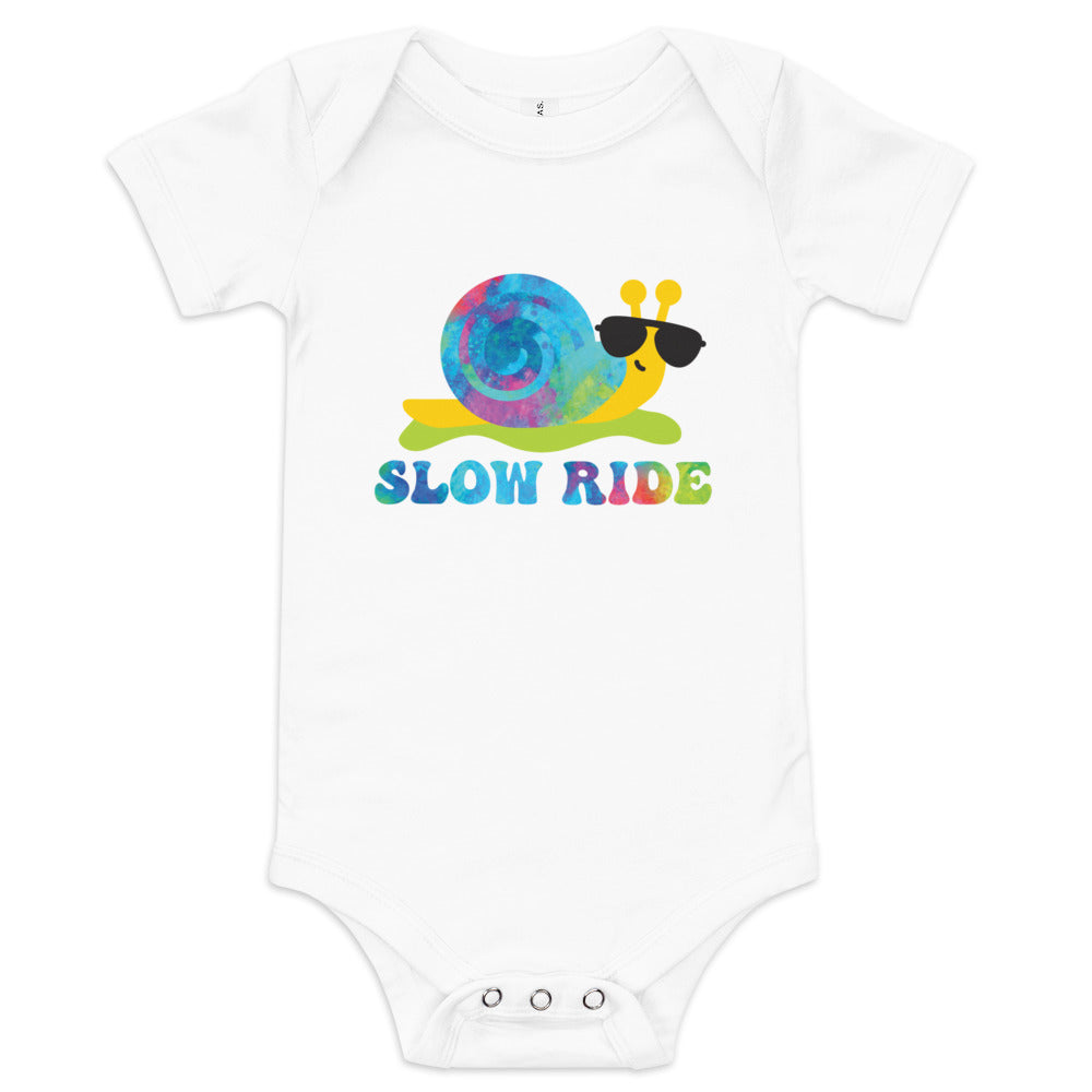 Slow Ride Snail, Hippie Tie Dyed Design, 5 Colors Available, Baby Short Sleeve One Piece Bodysuit for Baby Boys and Girls