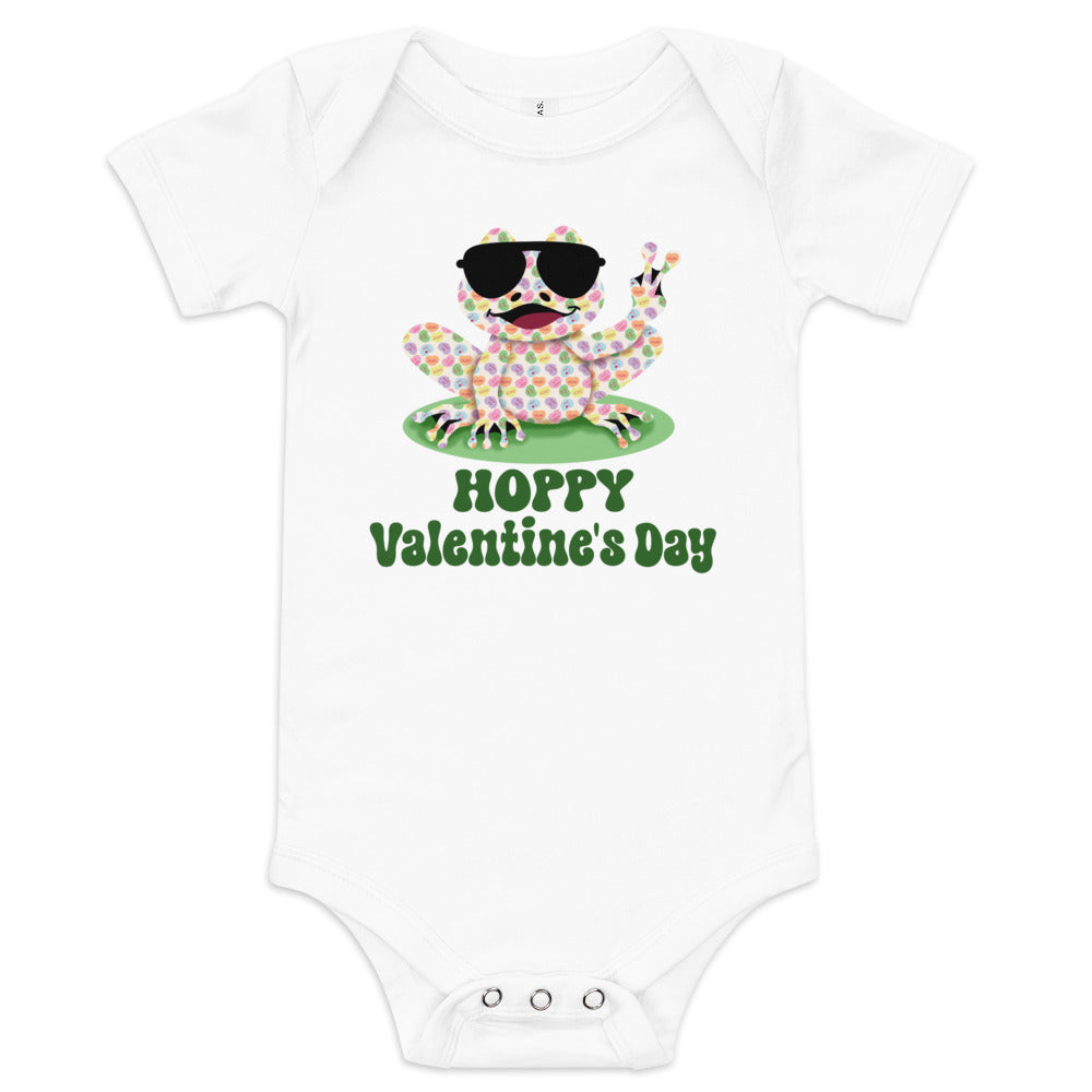 Hoppy Valentine's Day Humorous Baby Short Sleeve One Piece Bodysuit - Candy Hearts Rockin' Peace Frog Design - Funny Snapsuit for Infant & Toddler Girls and Boys