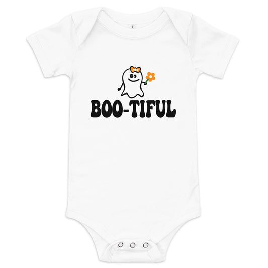 Halloween Baby Girls One Piece Bodysuit - Boo-tiful Ghost Cute Design Short Sleeve Snapsuit