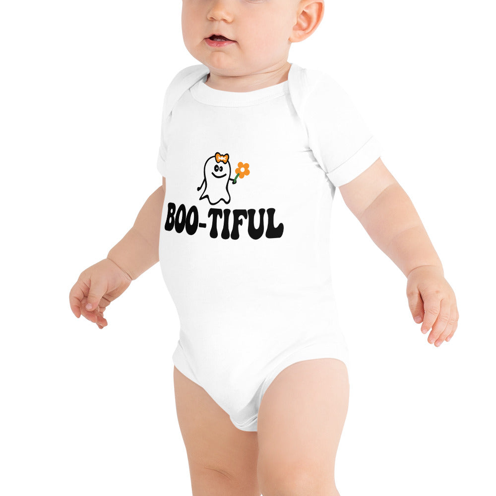 Halloween Baby Girls One Piece Bodysuit - Boo-tiful Ghost Cute Design Short Sleeve Snapsuit