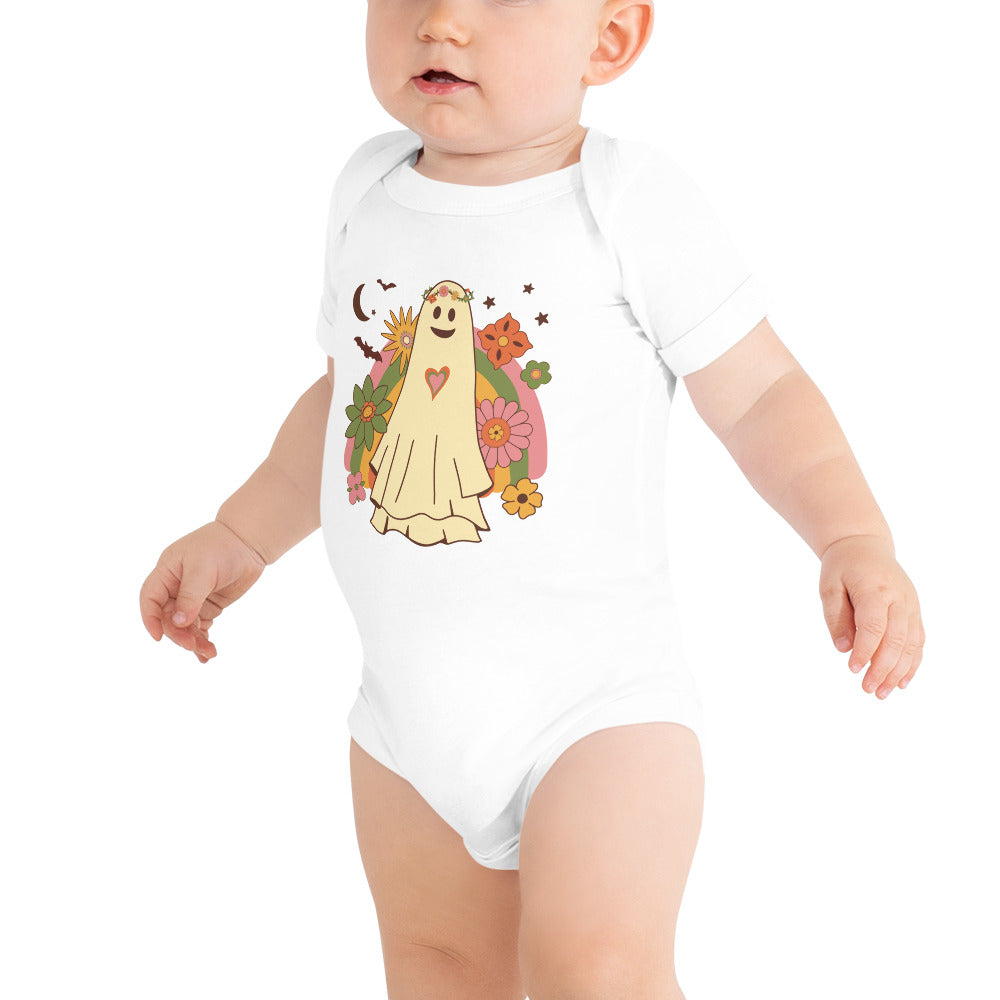 Halloween Baby Girls Short Sleeve One Piece Bodysuit - Cute Hippie Girl Ghost w/ Rainbow, Flowers and Bats Design