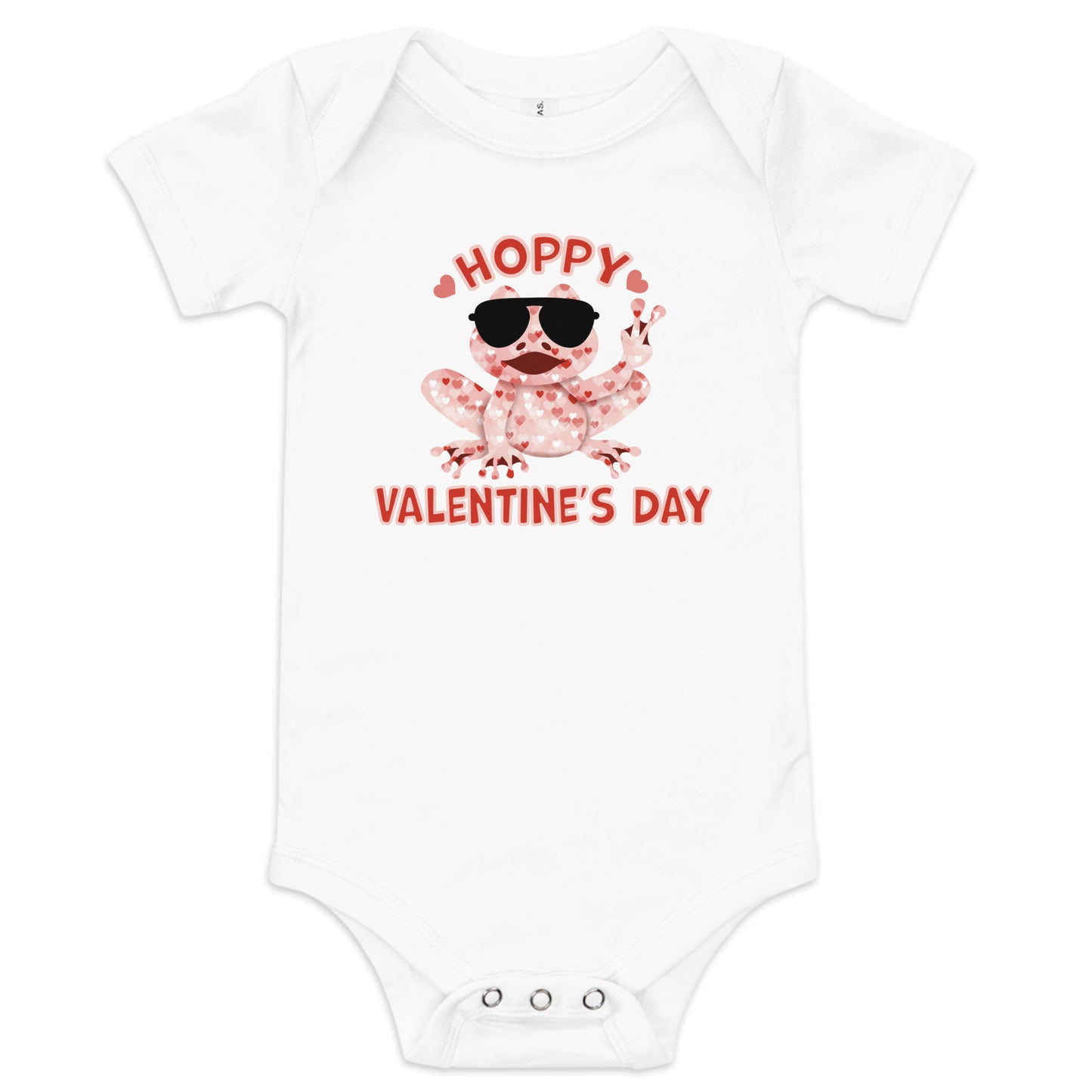 Baby Girls Hoppy Valentine's Day One Piece Bodysuit  - Cute Humorous Funny Infant Short Sleeve Clothing - Red and Pink Hearts Peace Frog Graphic Design for Children