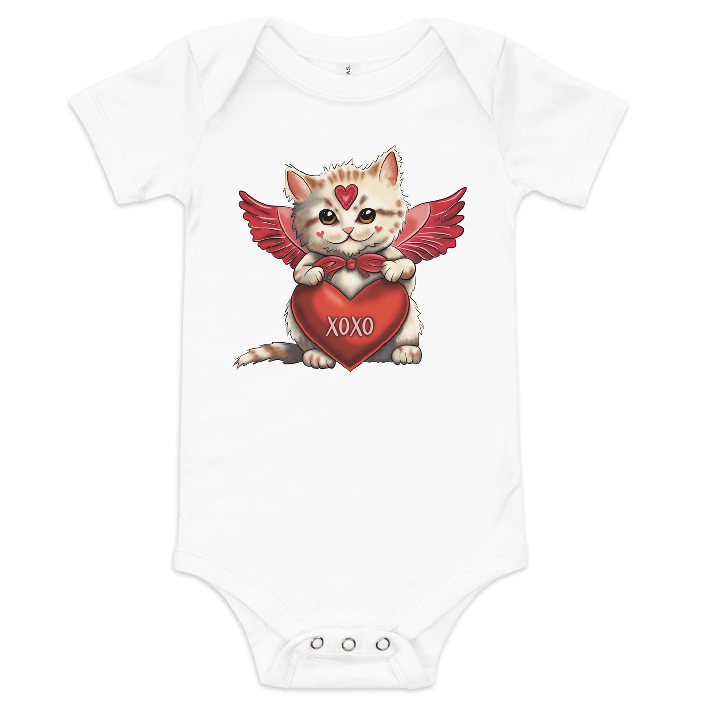 Pictured is a white one piece bodysuit with short sleeves and 3 snaps for baby girls to wear for Valentine's Day. The cute graphic design       is an adorable kitten dressed up as Cupid and holding a red heart that says "xoxo". This infant clothing for girls comes in 4 colors, pink,      grey, yellow, and white. Sizes available are 3-6 months, 6-12 months, and 12-18 months.