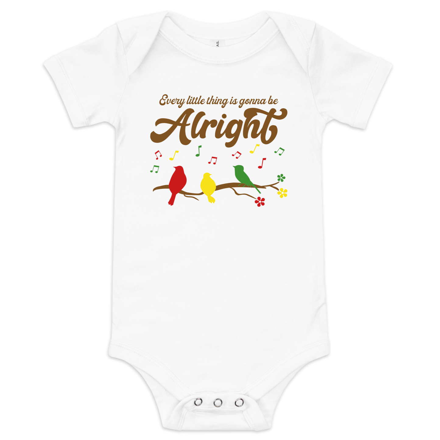 Baby Short Sleeve One Piece Bodysuit, Every Little Thing is Gonna Be Alright Design, 3 Birds Singing Unisex Baby Clothes, Retro Groovy 70s Hippie Infant Shirt