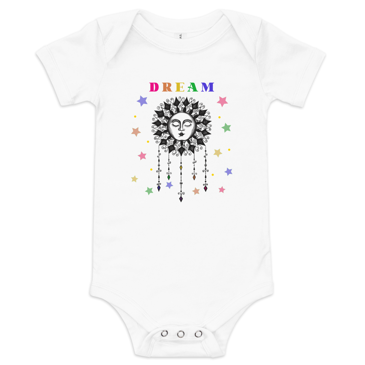 Baby Girls One Piece Bodysuit, Bohemian Hand Drawn Art Sun Design, Short Sleeve Hippie Sun with Face Design, Snapsuit Infant & Toddler Sizes