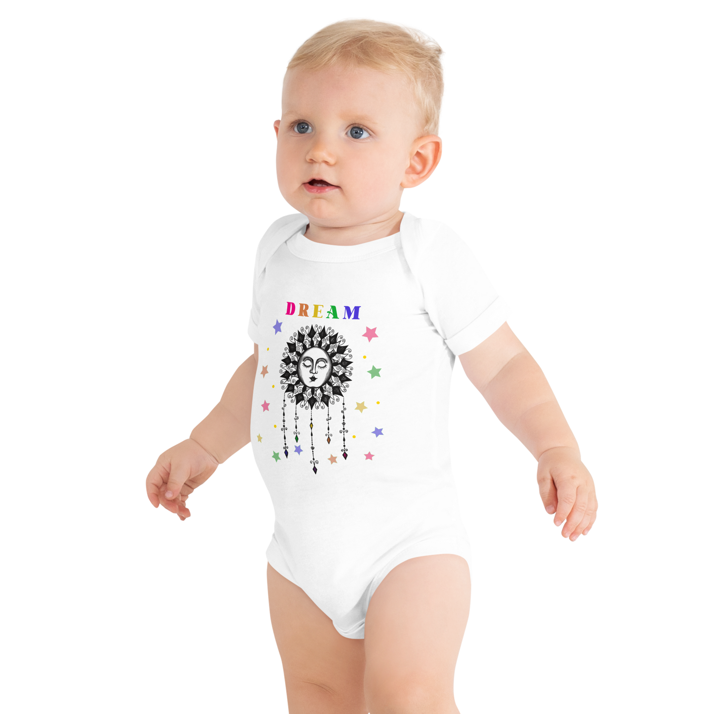 Baby Girls One Piece Bodysuit, Bohemian Hand Drawn Art Sun Design, Short Sleeve Hippie Sun with Face Design, Snapsuit Infant & Toddler Sizes