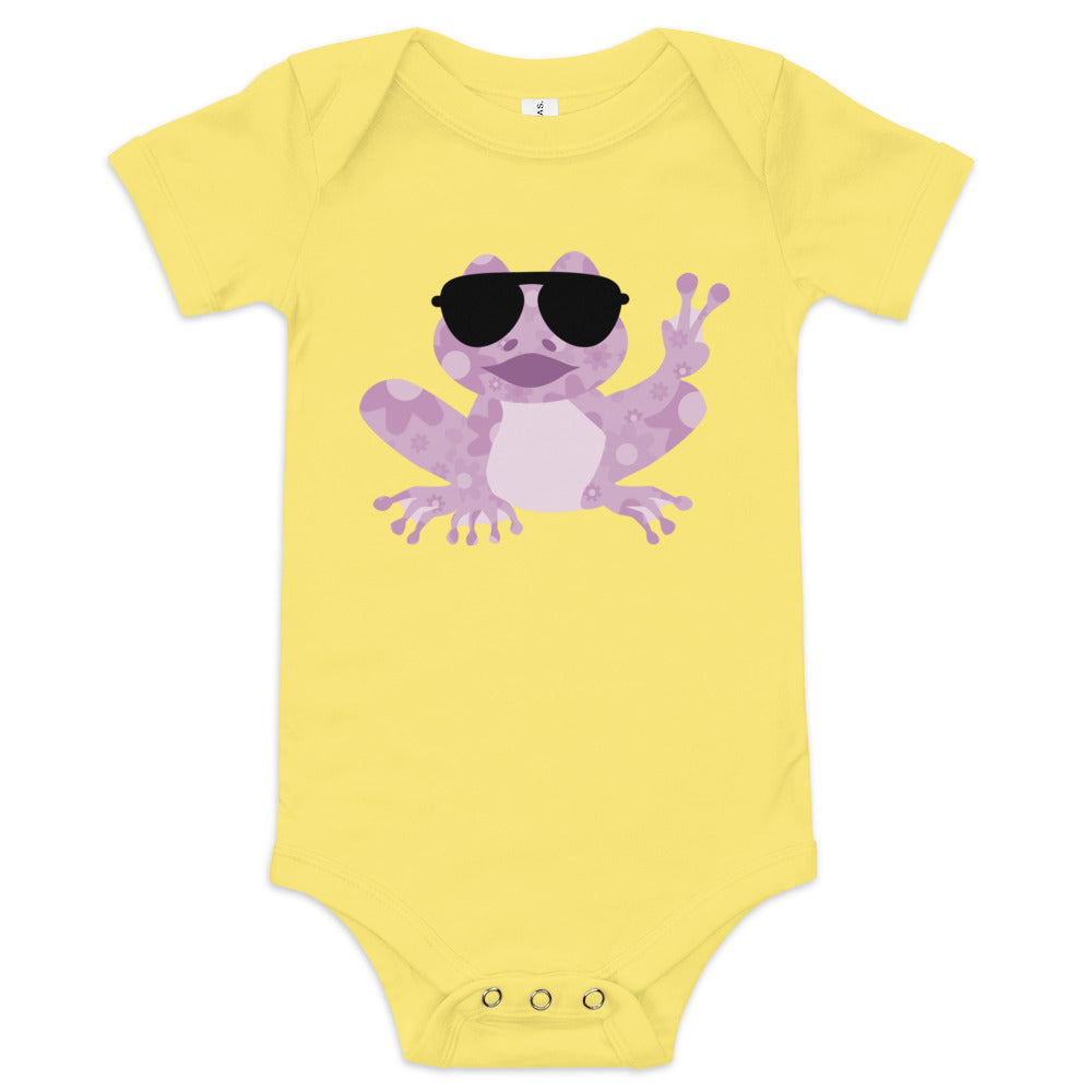 Baby Girl's Short Sleeve One-Piece Bodysuit - Hippie Peace Frog Design, pictures an infant bodysuit design for baby girl, cute frog wearing big black sunglasses and showing the peace sign, frog has floral pattern on his body and face, comes in 4 colors, shown is a purple frog on a yellow bodysuit