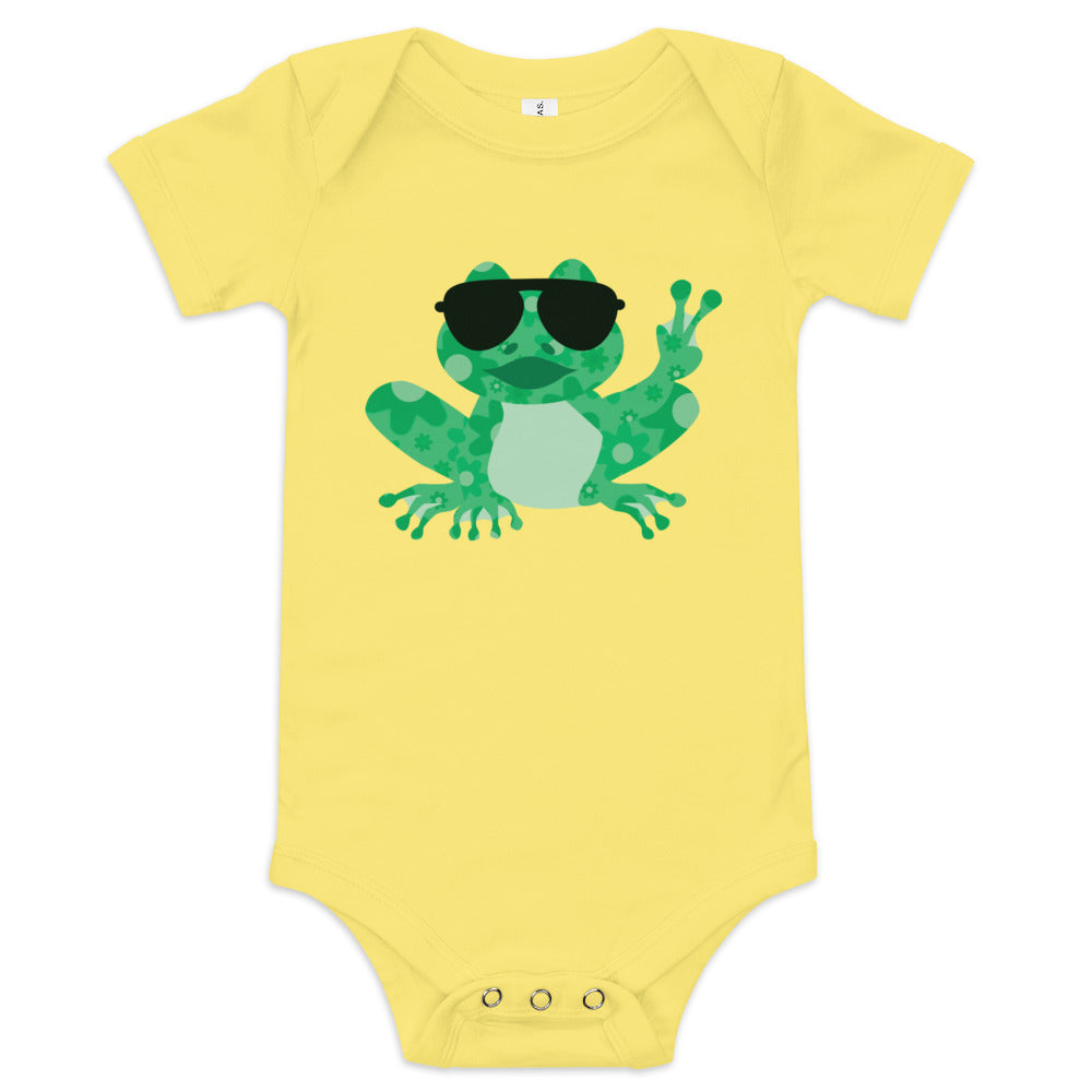 Baby Boy's Short Sleeve One-Piece Bodysuit - Hippie Peace Frog Design, pictures an infant bodysuit design for baby boy, cute frog wearing big black sunglasses and showing the peace sign, frog has floral pattern on his body and face, comes in 3 colors, shown is a green frog on a yellow bodysuit