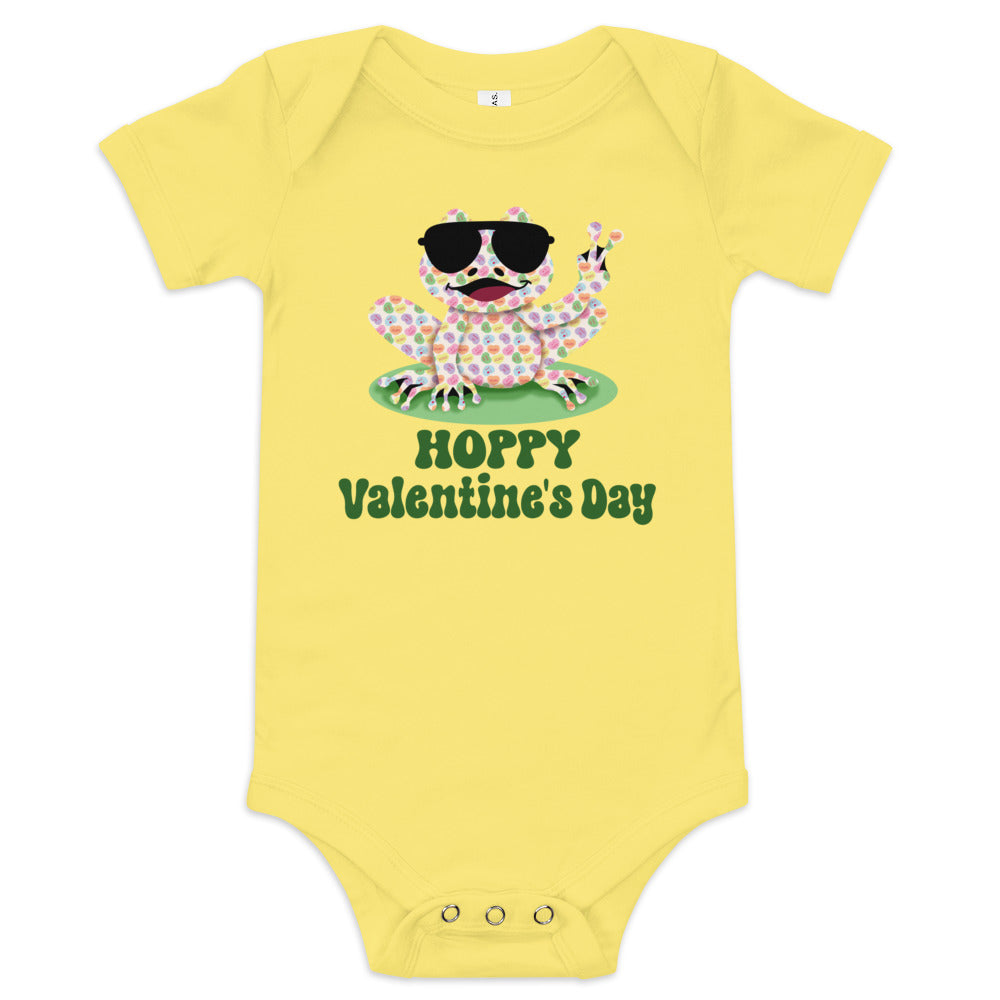 Hoppy Valentine's Day Humorous Baby Short Sleeve One Piece Bodysuit - Candy Hearts Rockin' Peace Frog Design - Funny Snapsuit for Infant & Toddler Girls and Boys