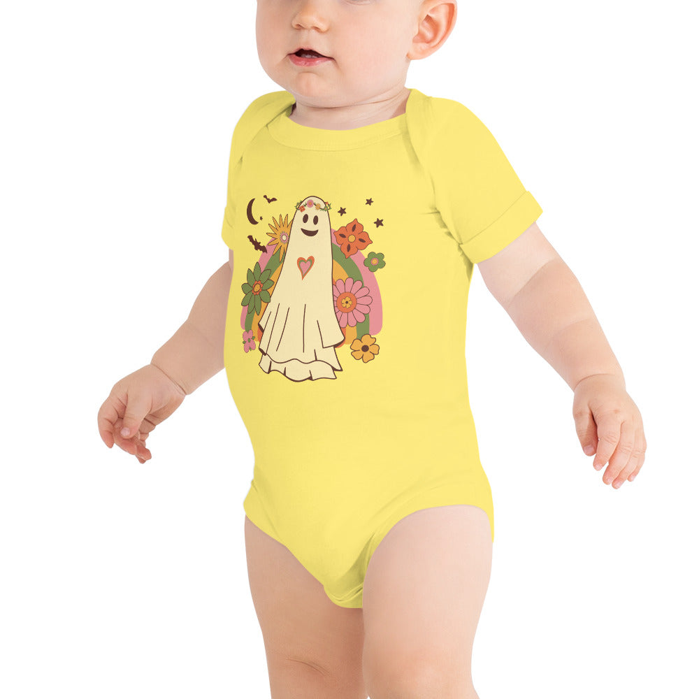 Halloween Baby Girls Short Sleeve One Piece Bodysuit - Cute Hippie Girl Ghost w/ Rainbow, Flowers and Bats Design