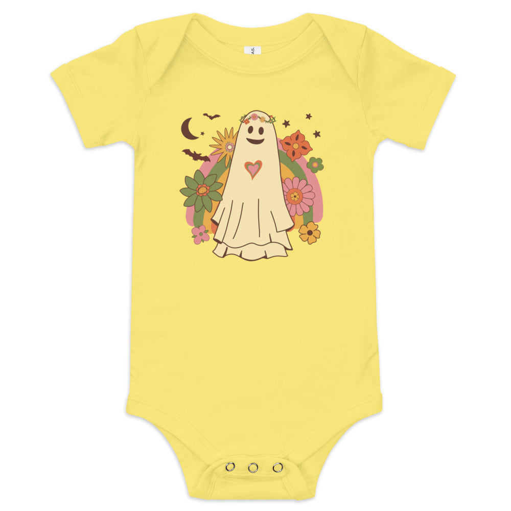 Halloween Baby Girls Short Sleeve One Piece Bodysuit - Cute Hippie Girl Ghost w/ Rainbow, Flowers and Bats Design