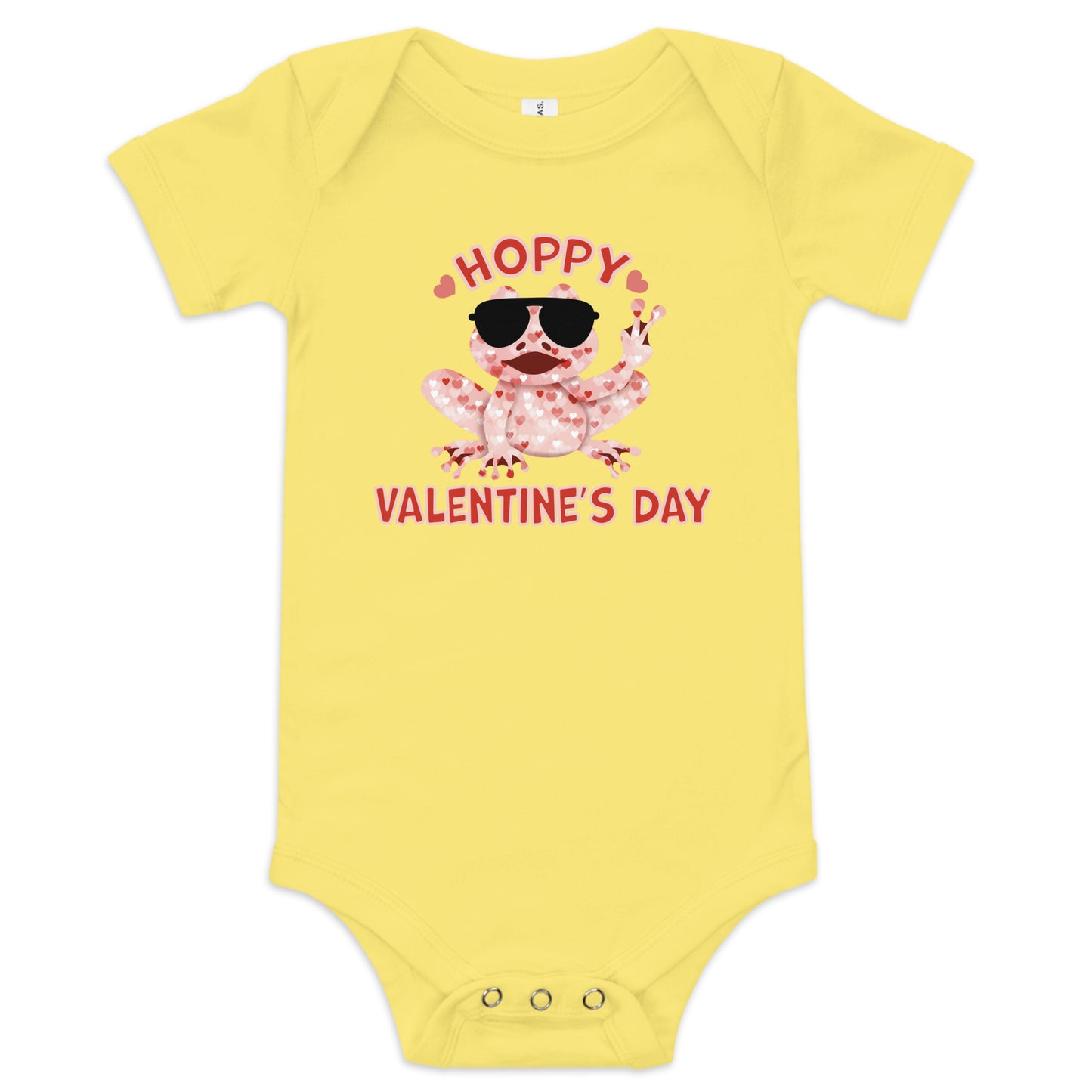 Baby Girls Hoppy Valentine's Day One Piece Bodysuit  - Cute Humorous Funny Infant Short Sleeve Clothing - Red and Pink Hearts Peace Frog Graphic Design for Children