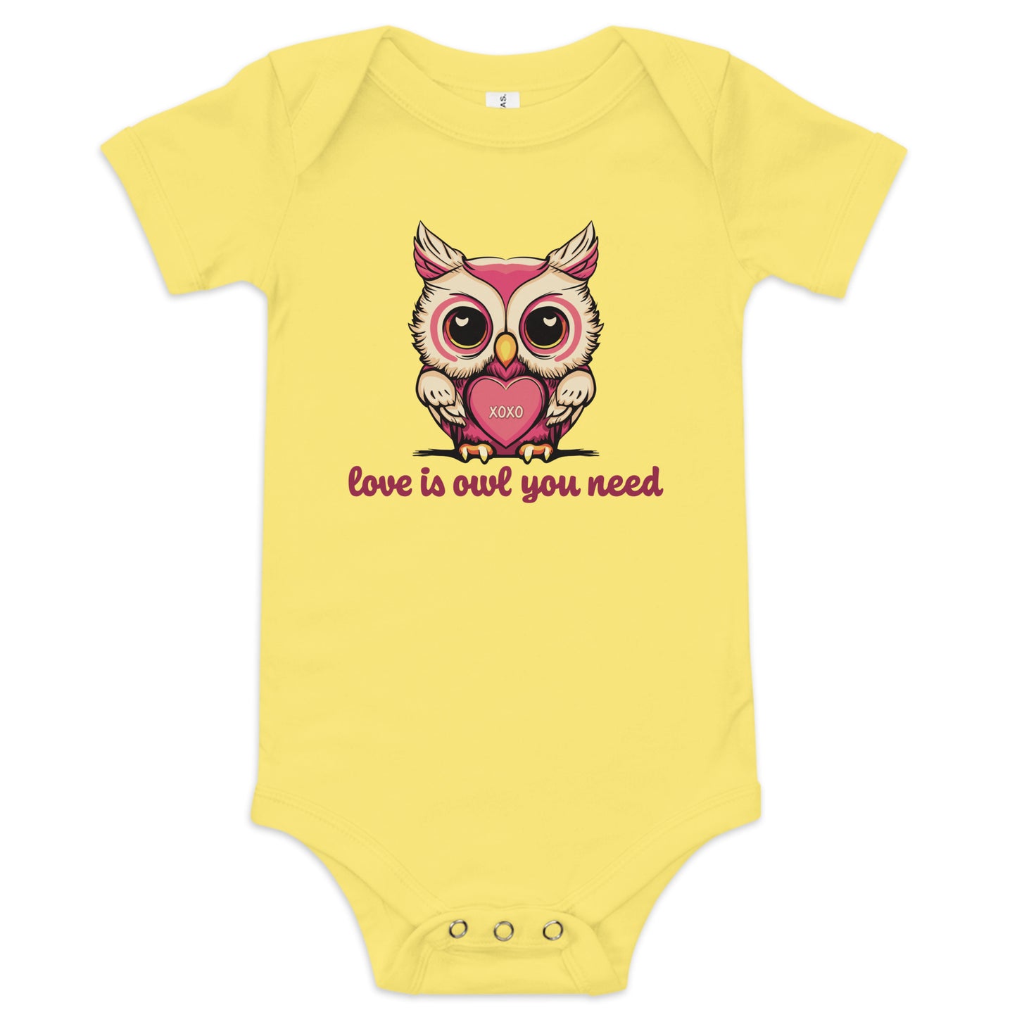 Pictured is a yellow one piece bodysuit with short sleeves and 3 snaps for baby girls to wear for Valentine's Day. The cute graphic design       is a pink and beige colored owl holding a heart that says "xoxo". The words underneath the owl artwork say "love is owl you need". This       adorable infant clothing for girls comes in 4 colors, pink, grey, yellow, and white. Sizes available are 3-6 months, 6-12 months, and  12-18 months.